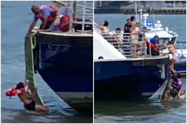 Crews work to pull people from the Hudson River after a private boat capsized on Tuesday afternoon.